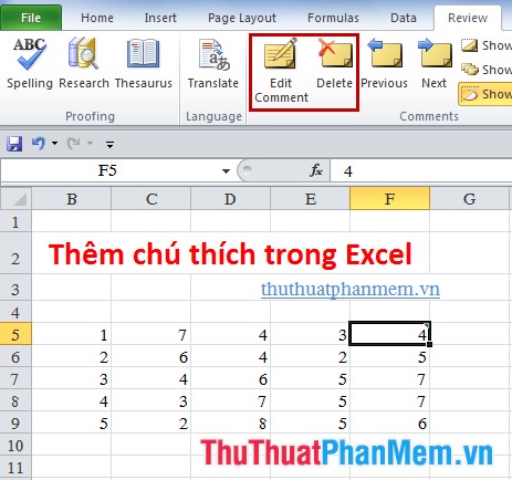 Thêm, tạo chú thích trong Excel