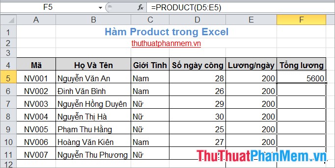 Hàm nhân (hàm PRODUCT) trong Excel