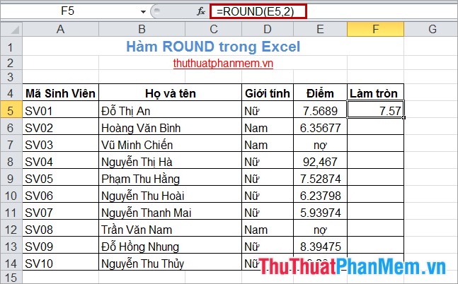 Hàm Round (làm tròn) trong Excel