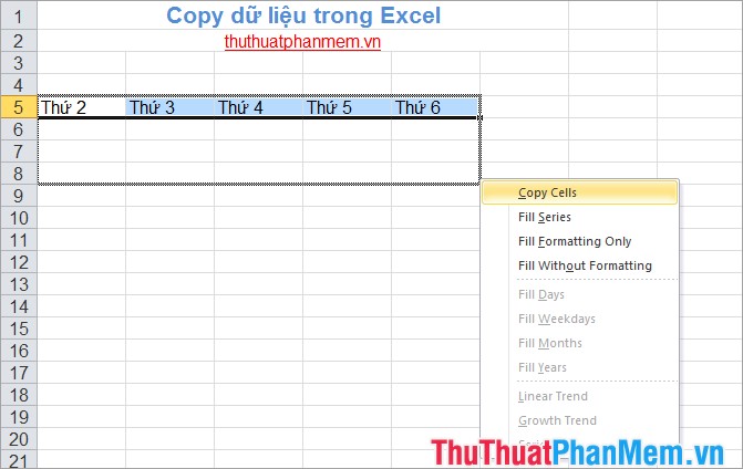 Sao chép, copy dữ liệu trong Excel