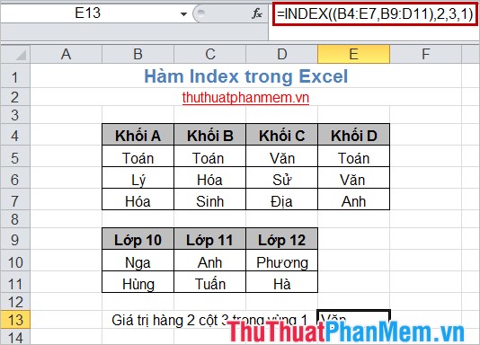 Hàm Index trong Excel
