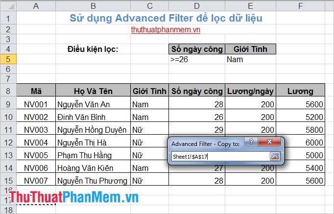 Lọc dữ liệu trong Excel bằng Advanced Filter