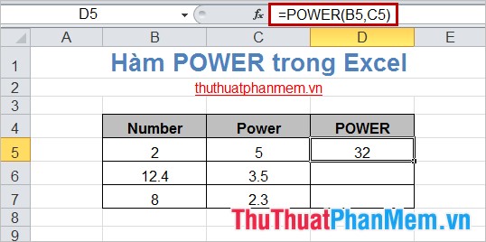 Hàm Power (hàm mũ) trong Excel