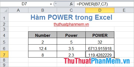 Hàm Power (hàm mũ) trong Excel