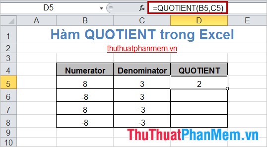 Hàm chia lấy số dư và chia lấy số nguyên (MOD và QUOTIENT) trong Excel
