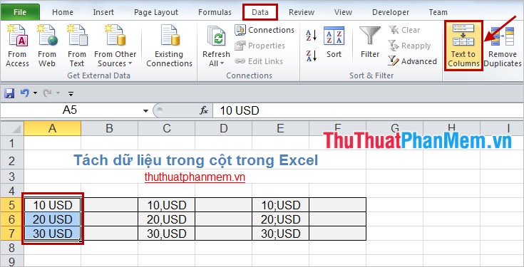 Tách dữ liệu trong cột trong Excel