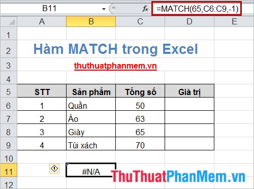 Hàm Match (hàm tìm kiếm một giá trị xác định trong một mảng, phạm vi ô) trong Excel