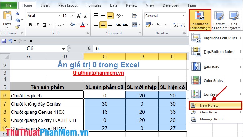 Ẩn giá trị 0 trong Excel