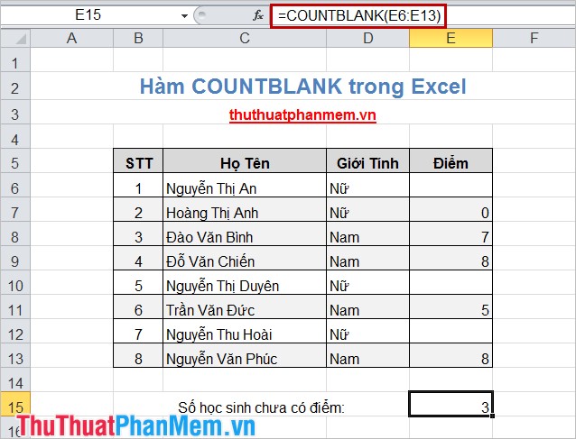 Hàm COUNTBLANK - Đếm số các ô trống (rỗng) trong một vùng hay một mảng được chọn trong Excel