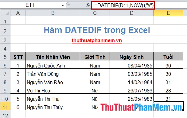Hàm DATEDIF() (tính tổng số năm, tổng số tháng hay tổng số ngày từ hai khoảng thời gian cho trước) trong Excel