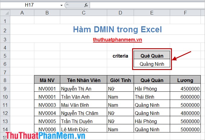 Hàm DMIN() (trả về giá trị nhỏ nhất theo điều kiện) trong Excel