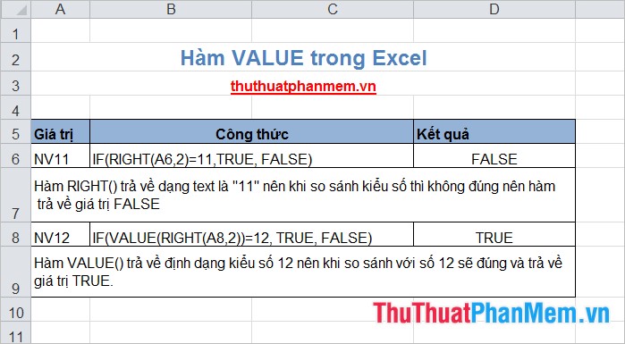 Hàm VALUE chuyển một chuỗi số về dạng số trong Excel
