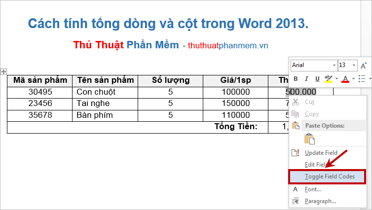 Cách tính tổng dòng và cột nhanh nhất trong Word 2013