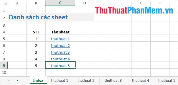 Tạo mục lục danh sách các Sheet trong Excel