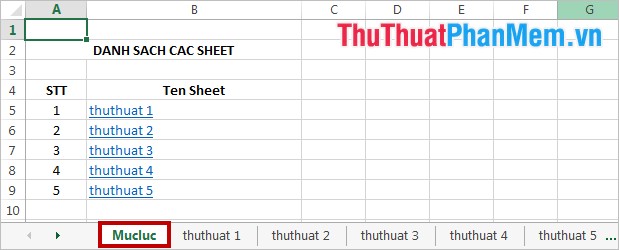 Tạo mục lục danh sách các Sheet trong Excel
