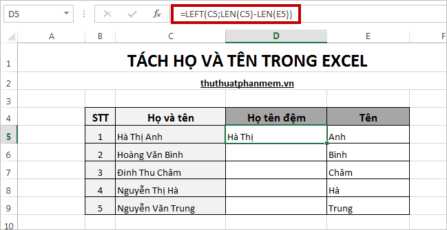Tách họ và tên trong Excel