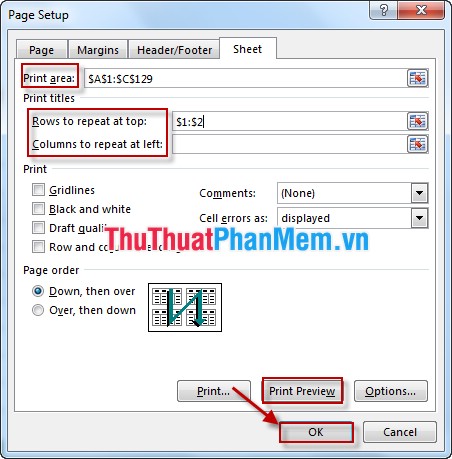 Cách lặp lại dòng tiêu đề khi in trong Excel