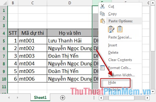 Ẩn và hiển thị cột, hàng trong Excel
