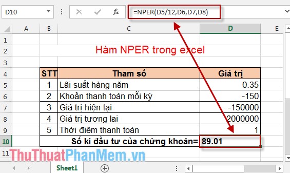Hàm NPER - Hàm tính số kỳ của một khoản đầu tư trong Excel