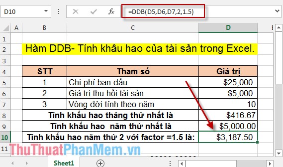 Hàm DDB - Tính khấu hao của tài sản trong Excel