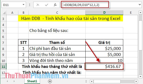 Hàm DDB - Tính khấu hao của tài sản trong Excel