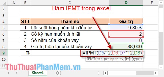 Hướng dẫn sử dụng hàm IPMT trong Excel