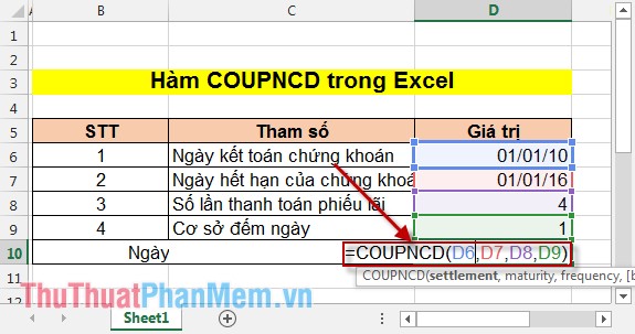 Hàm COUPNCD - Hàm trả về ngày phiếu lãi kế tiếp trong Excel