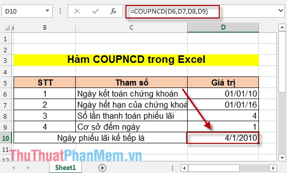 Hàm COUPNCD - Hàm trả về ngày phiếu lãi kế tiếp trong Excel