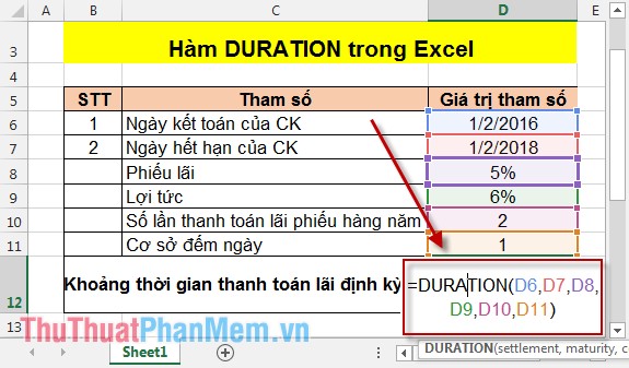 Hàm DURATION - Hàm trả về thời gian thanh toán lãi định kỳ trong Excel