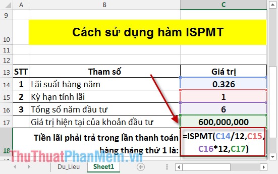 Hàm ISPMT - Hàm tính tiền lãi trong một kỳ hạn xác định trong Excel