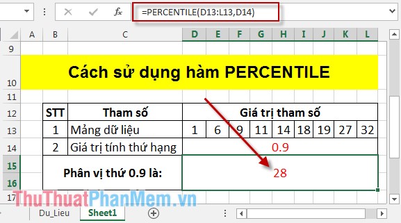 Hàm PERCENTILE - Hàm trả về kết quả là phân vị thứ k trong Excel