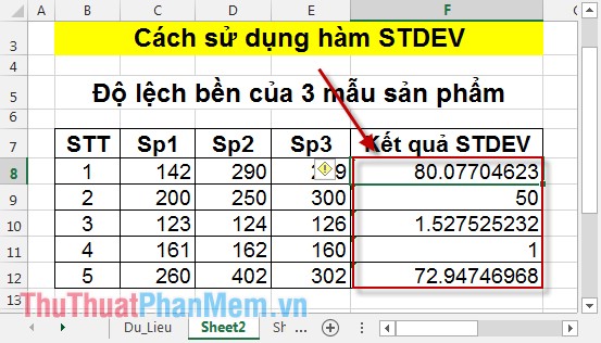 Hàm STDEV - Hàm ước tính độ lệch chuẩn dựa trên mẫu trong Excel