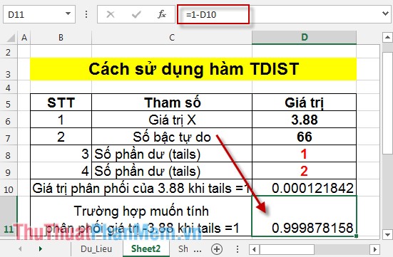Hàm TDIST - Hàm trả về xác suất của phân phối Student trong Excel
