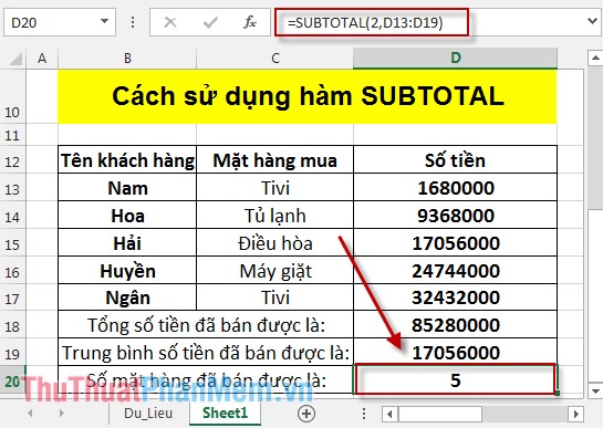 Hàm SUBTOTAL - Hàm tính toán cho một nhóm trong danh sách trong Excel