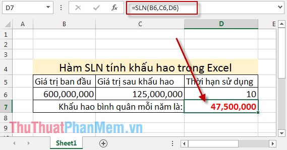 Hàm SLN – Trả về giá trị khấu hao của tài sản theo phương pháp đường thẳng trong Excel