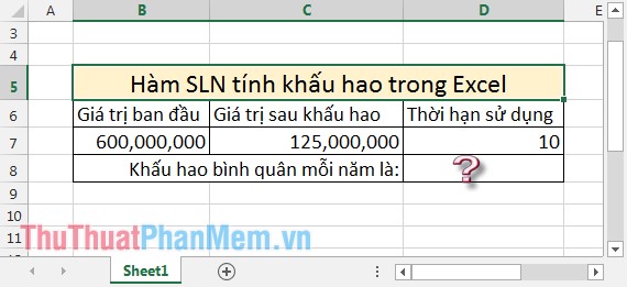 Hàm SLN – Trả về giá trị khấu hao của tài sản theo phương pháp đường thẳng trong Excel