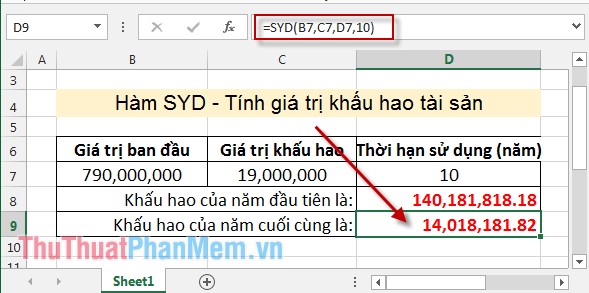 Hàm SYD - Tính khấu hao cho một tài sản theo giá trị còn lại trong Excel