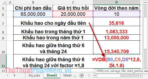 Hàm VDB - Tính khấu hao tài sản theo phương pháp số dư giảm dần trong Excel