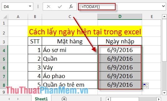 Cách lấy ngày hiện tại trong Excel