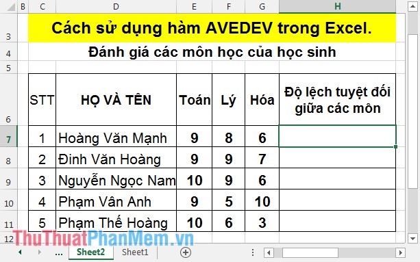 Hàm AVEDEV - Hàm trả về trung bình độ lệch tuyệt đối của các điểm dữ liệu từ điểm giữa của chúng trong Excel