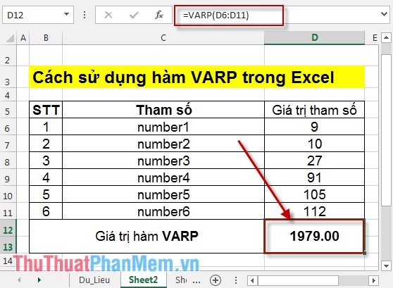 Hàm VARP - Hàm tính phương sai dựa trên toàn bộ tập hợp trong Excel