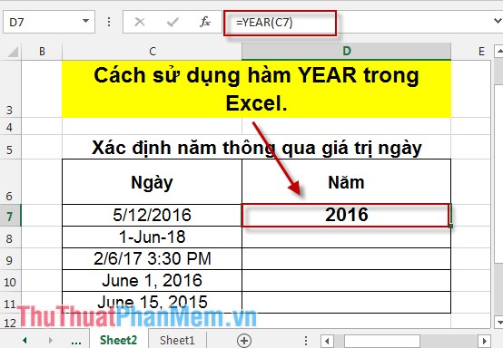 Hàm YEAR - Hàm cho giá trị là năm của biểu thức số trong Excel