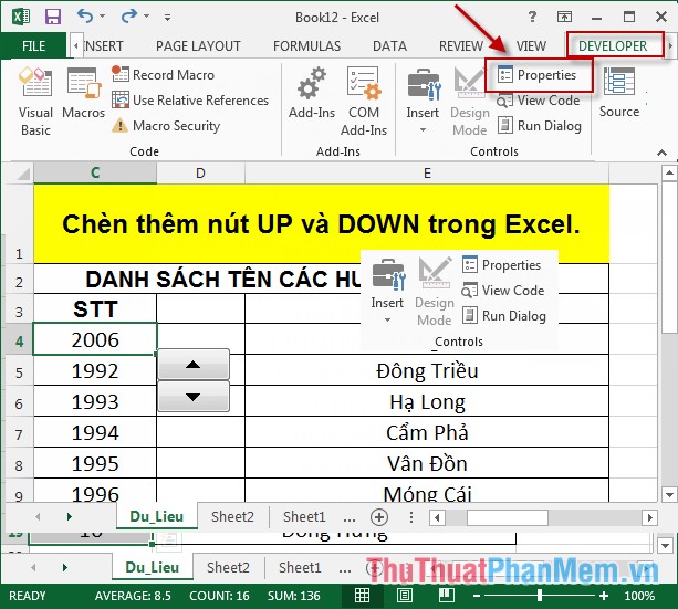Cách chèn, thêm nút Up và Down trong Excel