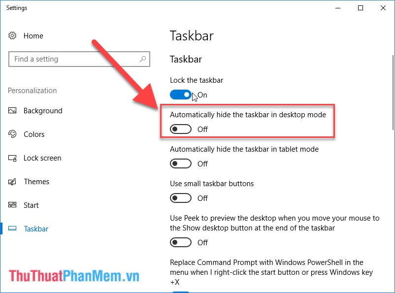 Bật chế độ Off trong mục Automatically hide the taskbar in desktop mode