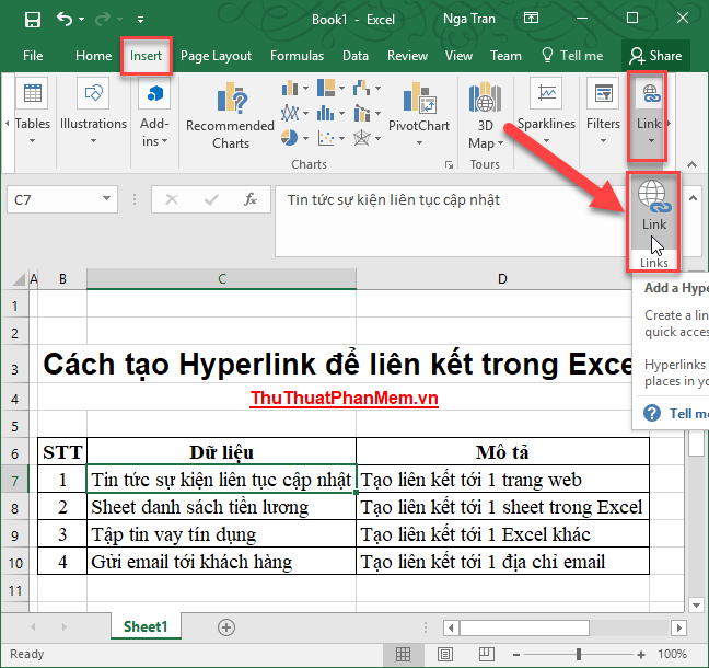 Cách tạo Hyperlink để liên kết trong Excel