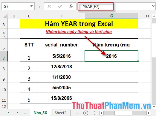 Hàm YEAR - Hàm trả về năm tương ứng với một ngày nào đó trong Excel