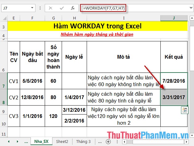 Hàm WORKDAY - Hàm trả một ngày trước hoặc sau ngày bắt đầu một số ngày làm việc trong Excel