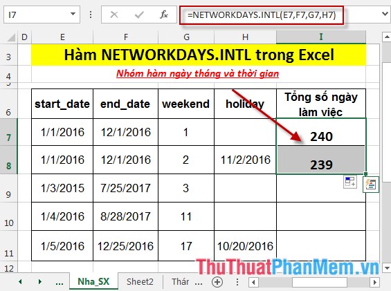 Hàm NETWORKDAYS.INTL - Hàm trả về số ngày làm việc trọn vẹn giữa 2 ngày, xác định cụ thể ngày cuối tuần trong Excel
