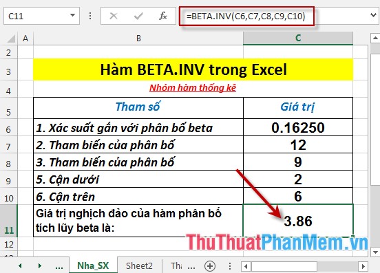 Hàm BETA.INV - Hàm trả về giá trị nghịch đảo của hàm phân bố lũy tích cho một phân bố beta xác định trong Excel