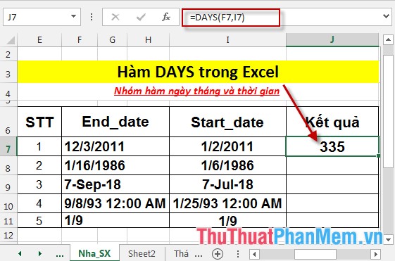 Hàm DAYS - Hàm trả về số ngày giữa 2 ngày trong Excel